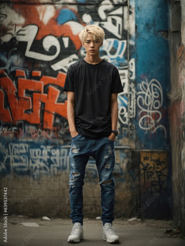 Obraz premium Blond asian young man wearing t-shirt and jeans standing in front of a wall with graffiti for Mockup