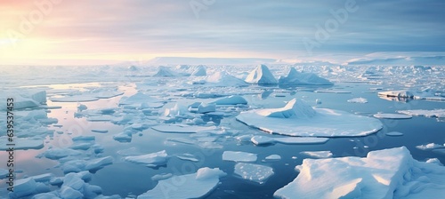 Ice sheets are melting in the waters of the Arctic Ocean, nature environment. Global warming. Created with Generative Ai technology.