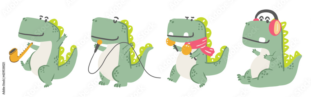 Obraz premium Set of Tyrannosaurus Rex . Cute dinosaurs cartoon characters . Hand drawn style . White isolate background . Vector .