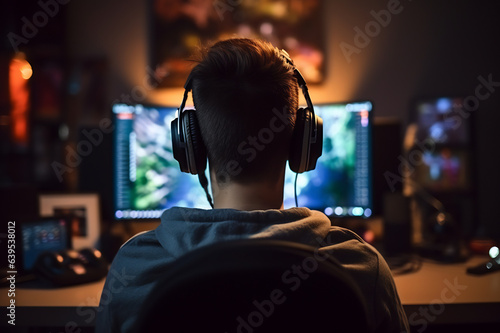 Shot of gamer guy is sitting by the PC