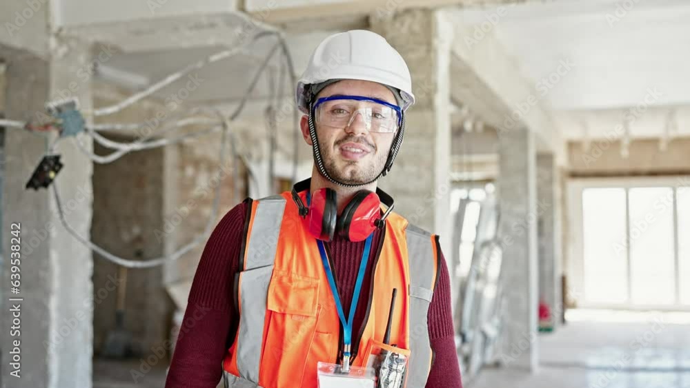 Young hispanic man builder smiling confident standing at construction site Young hispanic man builder smiling confident standing at construction site