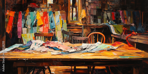  vintage atelier, sketches strewn about, vibrant fabric swatches scattered across a rustic wooden table, drawn in a loose, energetic style, bright colors, textured brushstrokes