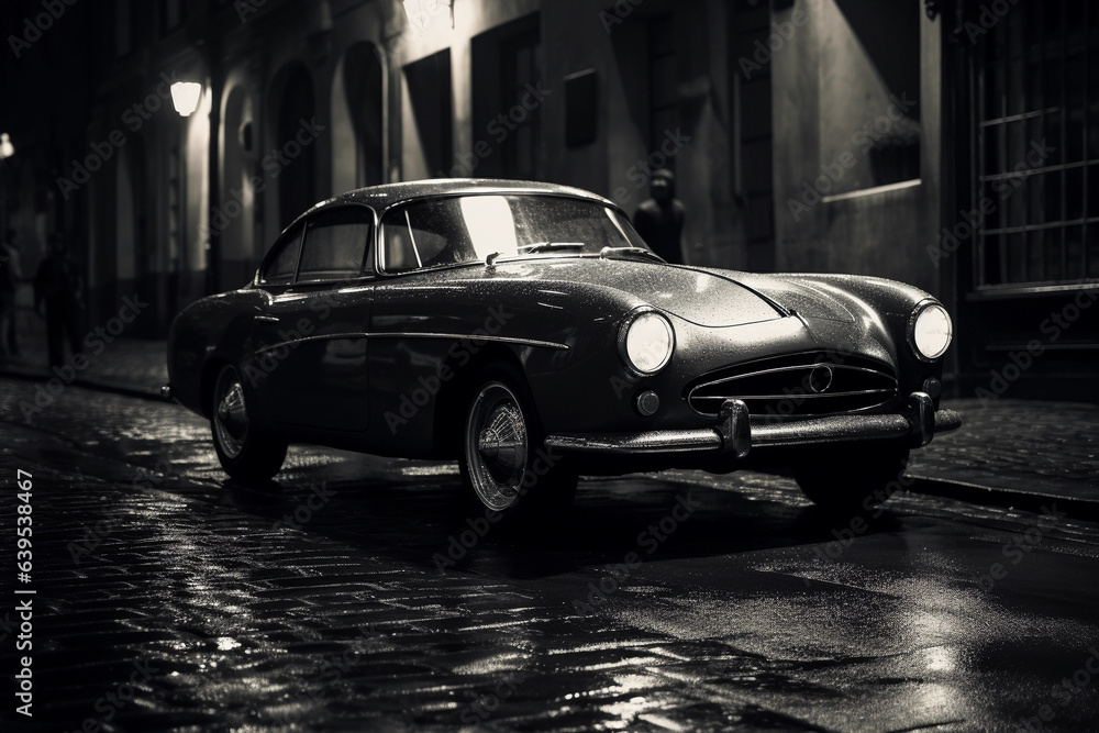 Moody shot of a vintage - style electric car, parked in a rain - slicked alleyway at night, headlights reflecting on wet cobblestone, noir feel