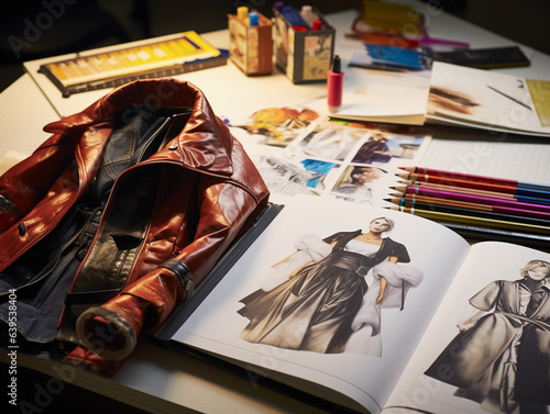 a fashion designer's sketchbook, detailed pencil sketches of avant - garde clothing designs, bold fabric samples pinned nearby