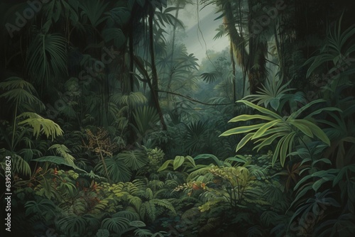 A painting of a dense jungle with green plants and trees in the foreground and a dark sky in the background  highlighted by a lone leaf. Generative AI