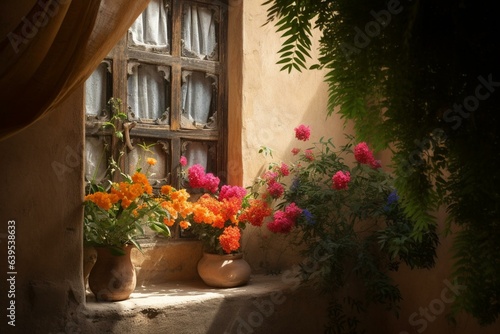 Flowers on a side wall with a curtain in the foreground and a window in the background. Generative AI