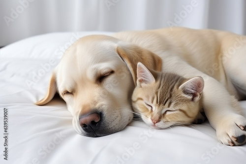 Heartwarming scene capturing cat and dog peacefully sleeping on bed, sharing affectionate hug. Perfect for showcasing bond between different animal companions. © vefimov