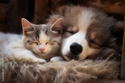 Heartwarming scene capturing cat and dog peacefully sleeping on bed, sharing affectionate hug. Perfect for showcasing bond between different animal companions.