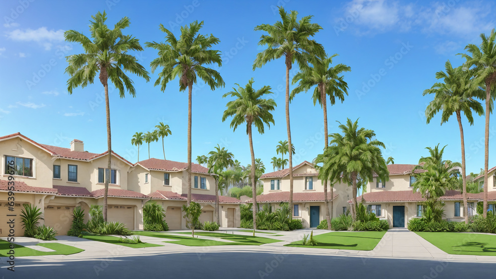 Row of houses and palm trees in front of them. Decorative cityscape in animation style.