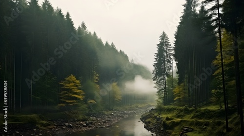 River in the forest, misty morning in the forest, AI generative © Lucky Ai