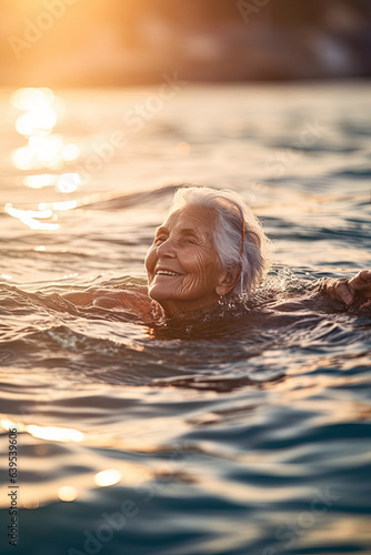 Senior woman swimming in the Sea/Ocean - enjoying active retirement, having fun, taking care of himself, staying fit