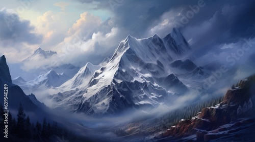Illustration of a snowy mountain top, natural environment. Created with Generative Ai technology.