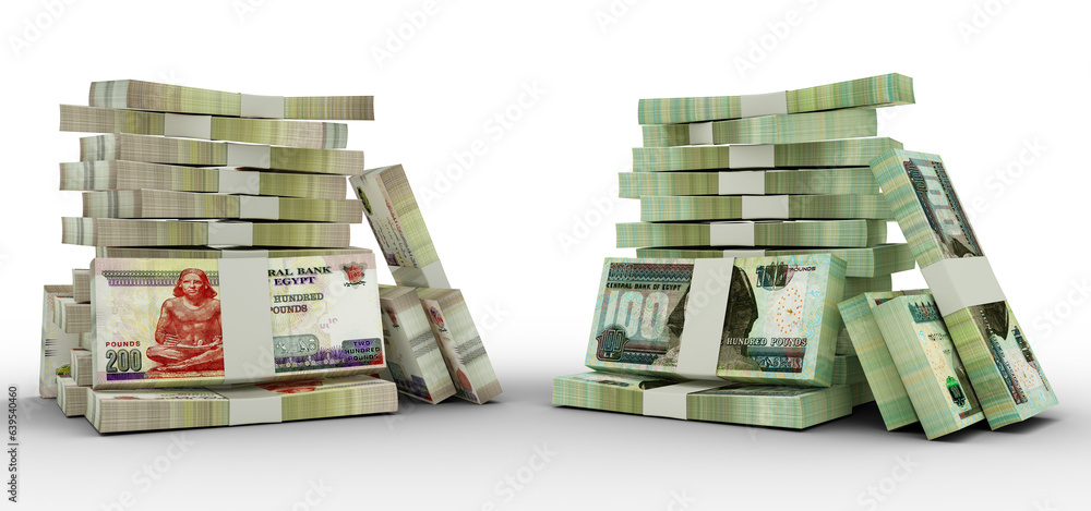3d rendering of Stacks of Egyptian pound notes. bundles of Egyptian pound currency notes isolated on transparent background - obrazy, fototapety, plakaty 