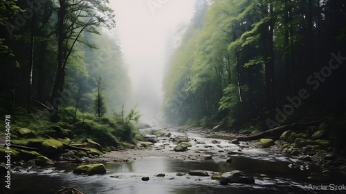 River in the forest  misty morning in the forest  AI generative
