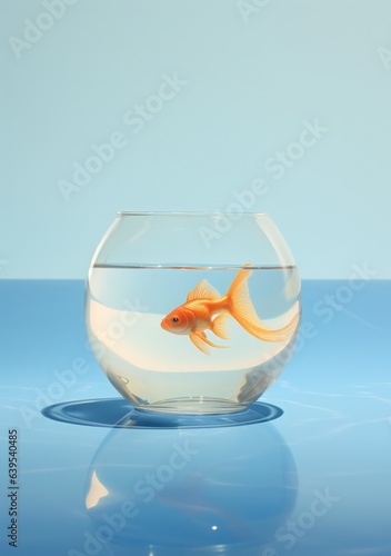 Goldfish in a large bowl, pastel blue colors in the background, the bowl floats on the water
