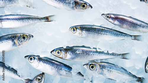  Fresh sardines on ice. Seafood background. Generative AI