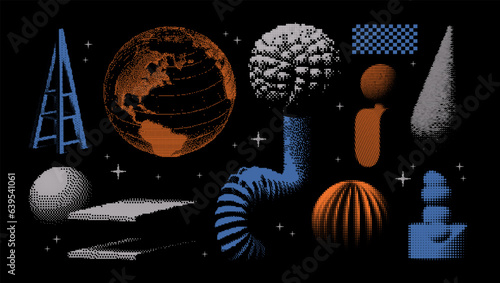 Abstract geometric elements. Universal 3D bitmap shapes with dither, halftone, stipplism effects. In a minimalistic style, graphics for posters, banners, business cards, clothes