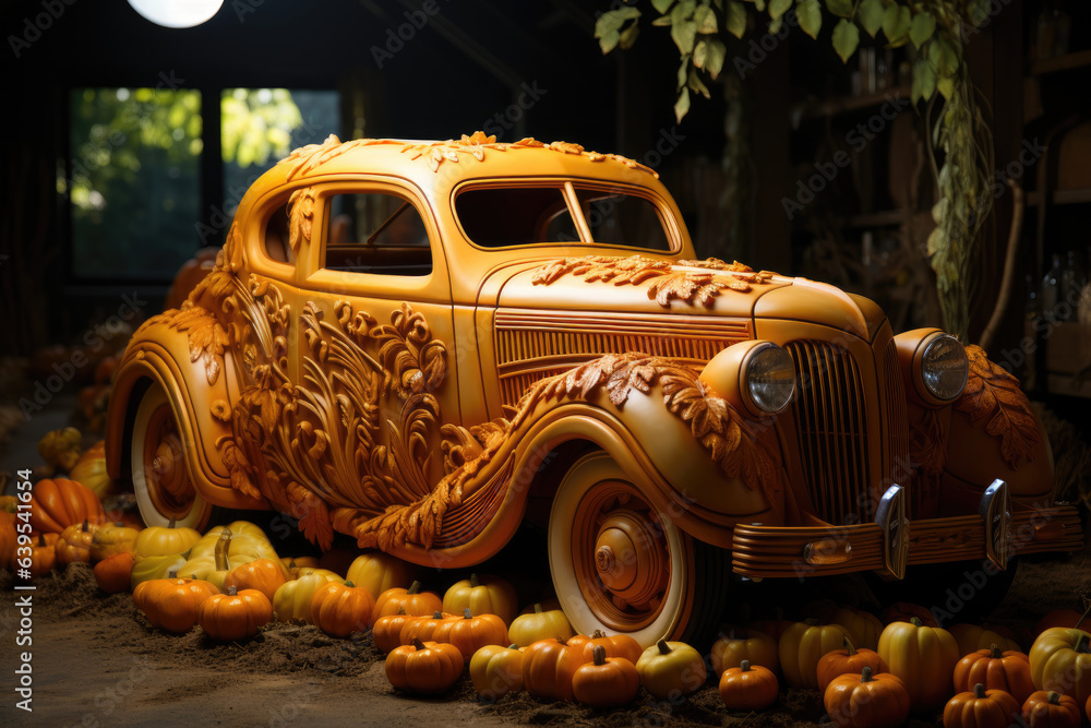 Thanksgiving Pumpkin Carving Oldtimer Car From Pumpkins Stock Photo thanksgiving-pumpkin-carving-oldtimer-car-from-pumpkins-stock-photo