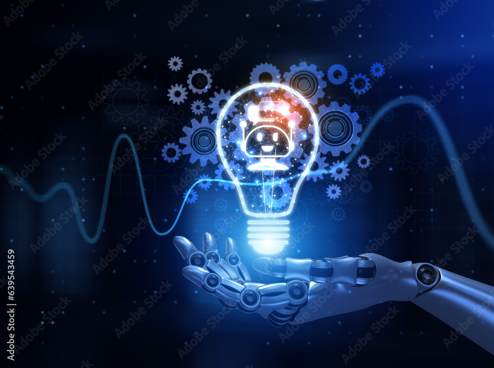 Chatbot chat bot customer service automation. Robotic hand pressing button 3d render. Chatbot chat bot customer service automation. Robotic hand pressing button 3d render.