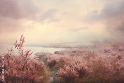Misty pastel-colored heather field meets cloudy skyscape in a serene and tranquil countryside landscape. © iconogenic