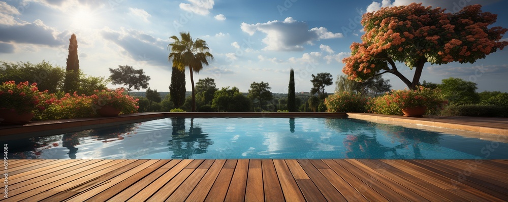 swimming pool and bare wooden deck.