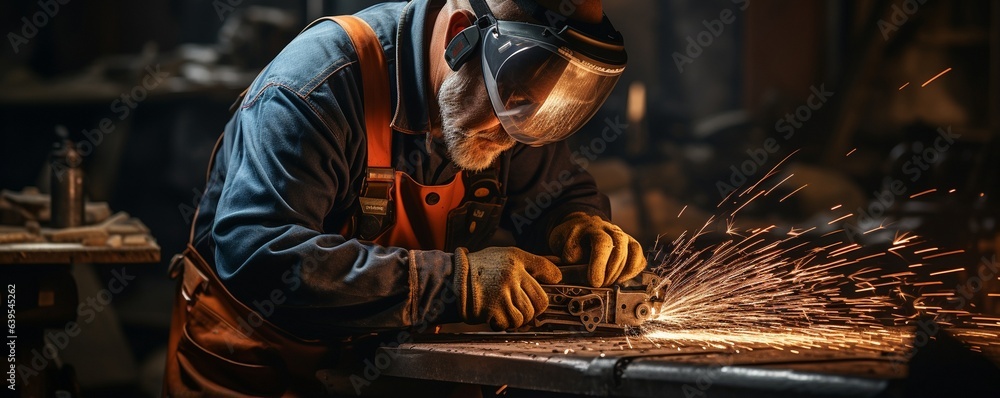 Production locksmith using specialised clothing and safety glasses. angle grinder used for metalworking. metallic work sparks..