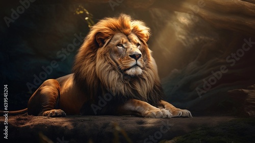 A lion resting regally in its habitat  exuding calm authority  and providing an open space for text near the lion s form. restful king  calm authority  AI generated.