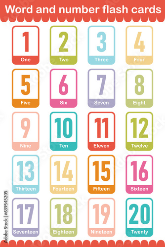 Printable flashcard collection for numbers from 1 to 20 with words for children. For preschool years and kindergarten kids learning numbers