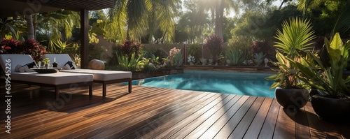 A low-angle picture of a contemporary home's wooden patio and decking made of tropical hardwoods.