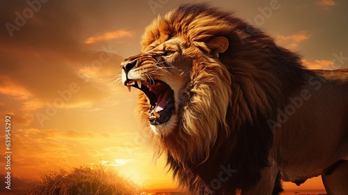 A lion roaring against a golden-hued sunset, combining power and natural beauty, offering space for text near the horizon. golden sunset roar, power, natural beauty, AI generated.