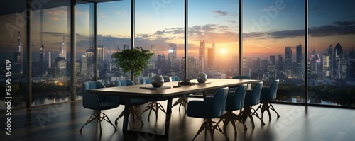 Modern meeting room interior with furniture, a window with a city view, and an empty mockup space on the wall..