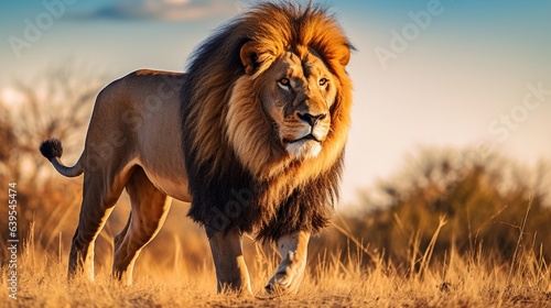 A lion walking confidently through the savannah  showcasing its wild elegance  with a clear sky background perfect for text overlay. safari majesty  confident stride  wild elegance  AI generated.