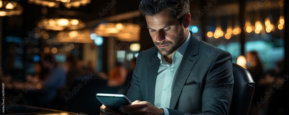 Fototapeta premium introspective businessperson working at night on a tablet computer.