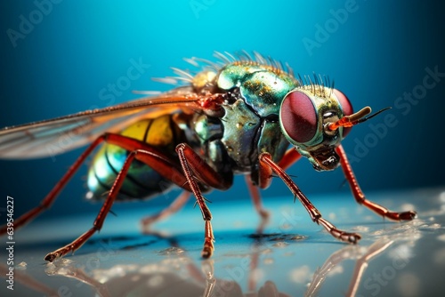 Close-up of a colored fly sitting on a surface. Generative AI © Yana