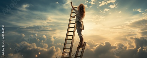 Woman extending out of reach from a ladder.