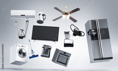 Fotografie Home appliances flying in the air 3D render on grey background Group of black re
