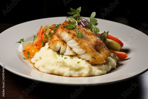Deliciously fried cod with smooth mashed potatoes, refreshing vegetable salad, and a zesty touch of fresh lemon. Generative AI