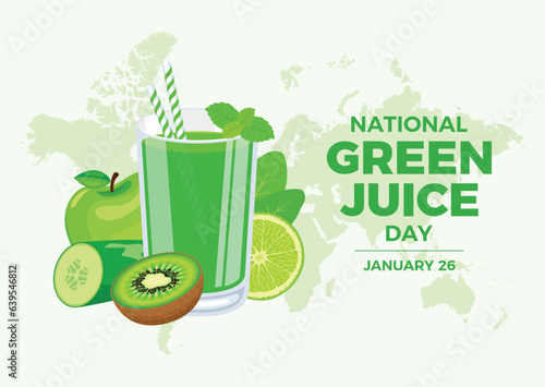 National Green Juice Day vector illustration. Healthy green fruit and vegetable juice icon vector. Glass of green smoothie drawing. January 26 every year. Important day