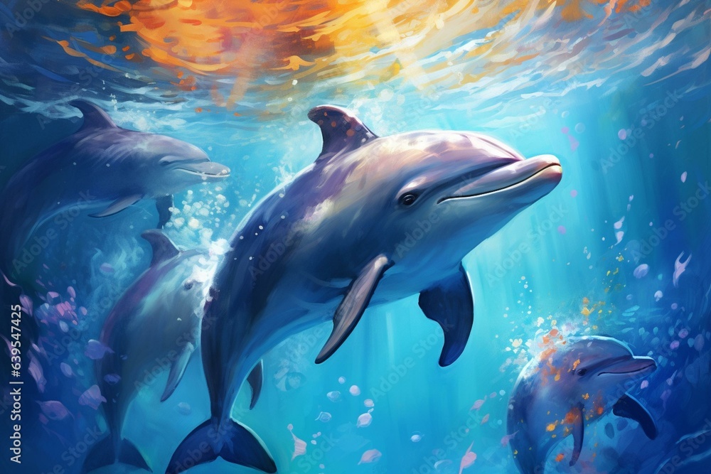 Several dolphins swim together. Generative AI