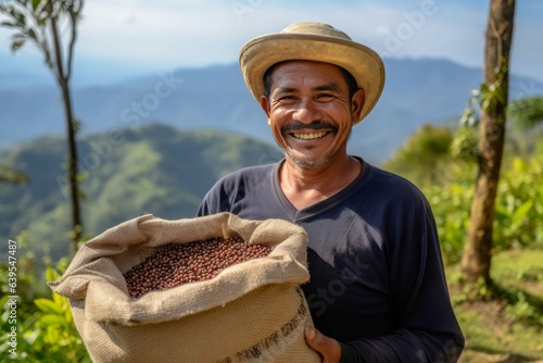 Coffee farmer smiling nature. Generate Ai photo