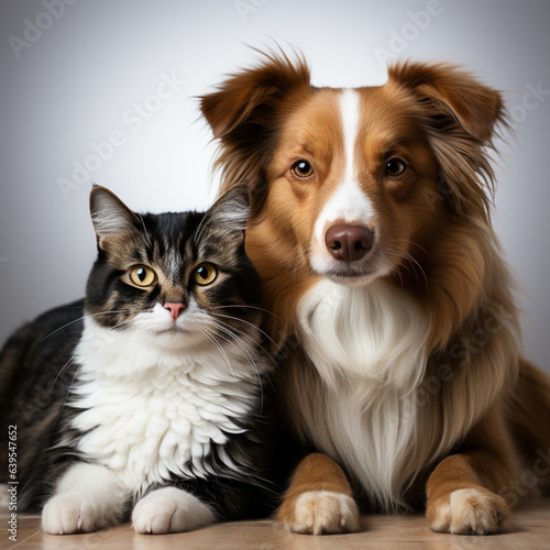 Dog and cat are sitting peacefully next to each other on a sofa and are looking at the camera, AI generated