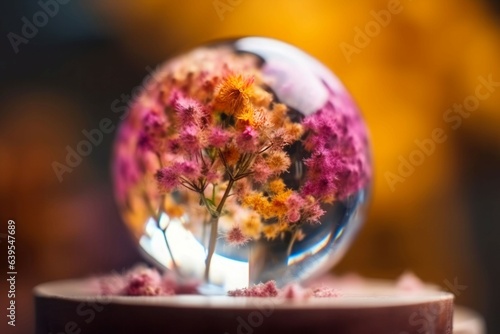 Flowers crystal glass sphere. Generate Ai