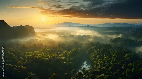 AI Generative. Beautiful green amazon forest landscape at sunset sunrise. Adventure explore air dron view vibe. Graphic Art