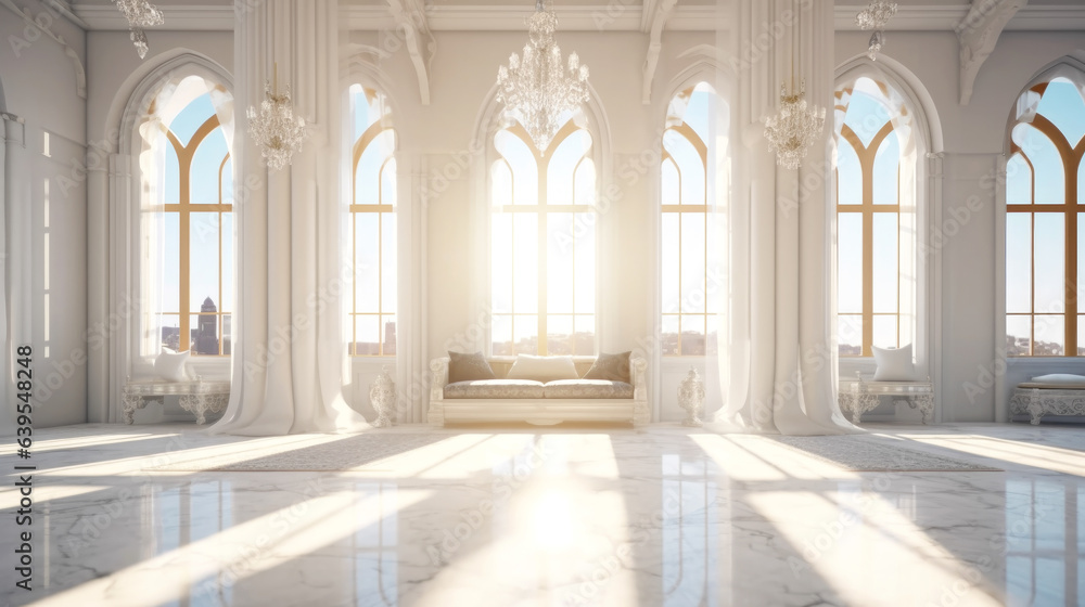 White Marble Crystal Luxury Palace Interior with Sunny Window and Elegant Sofa.