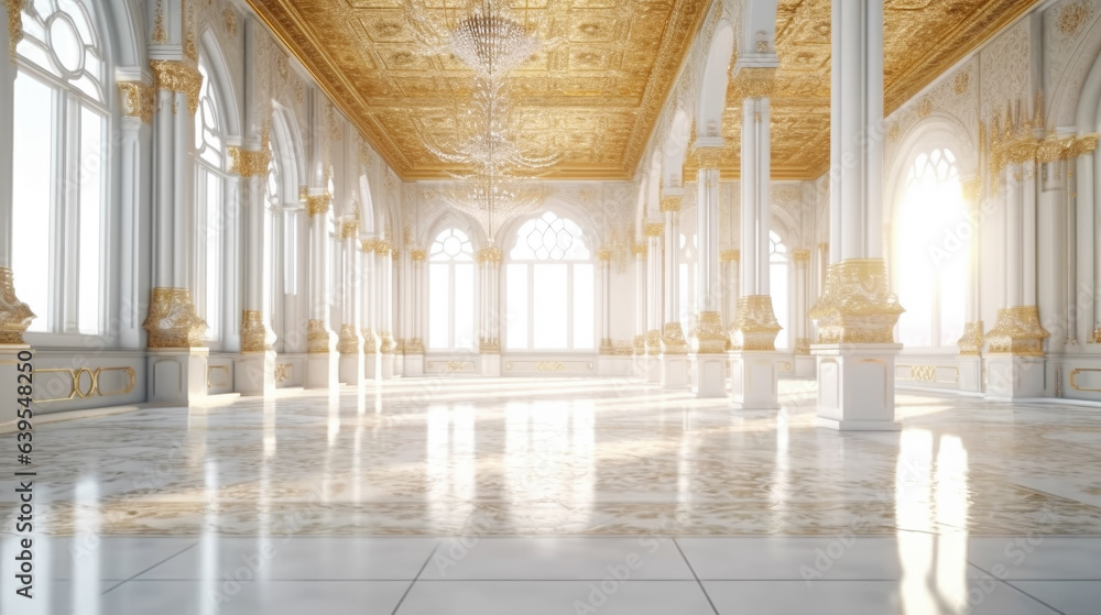White Marble Golden Luxury Palace Interior with Sunny Windows and Columns.