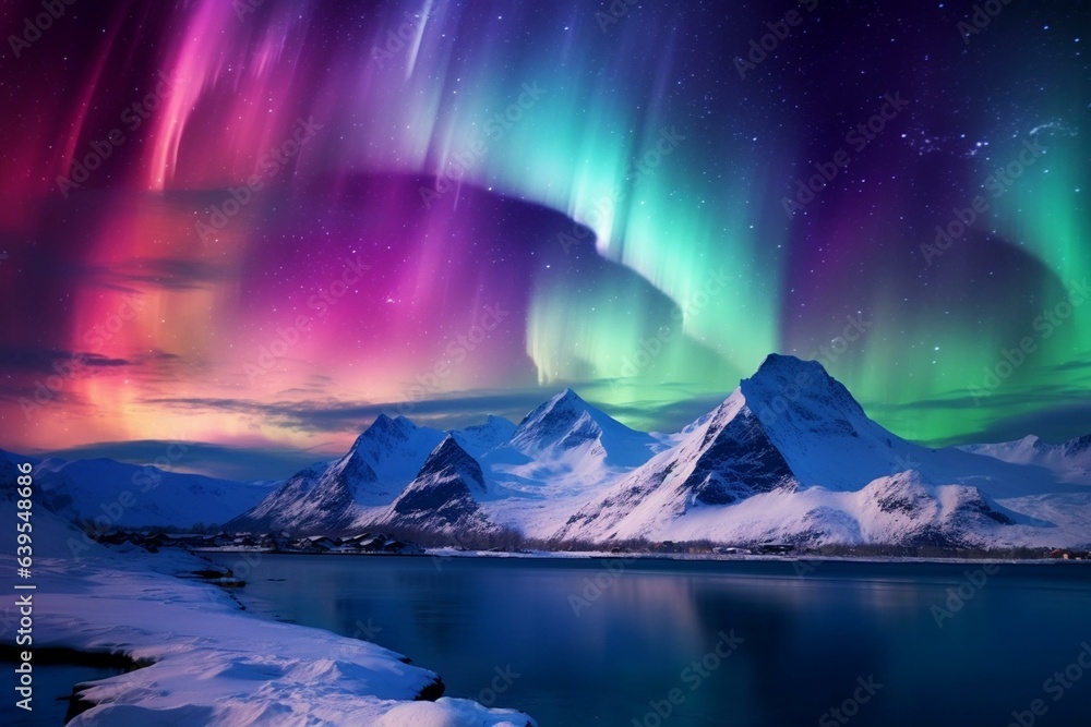 Colorful sky with northern lights, snowy mountains in winter. Generative AI