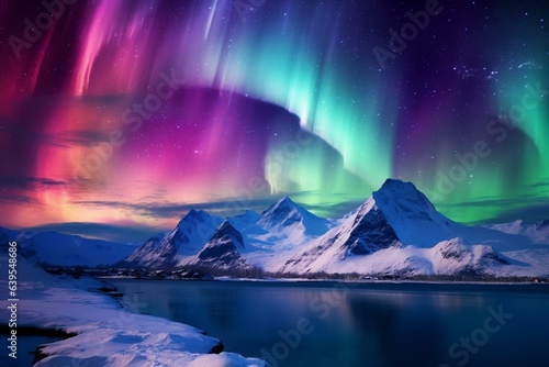 Colorful sky with northern lights, snowy mountains in winter. Generative AI