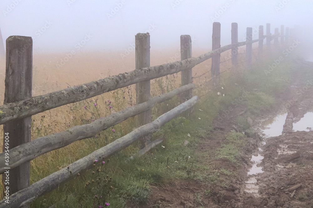 dirt road and old fence in the fog