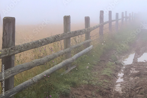 dirt road and old fence in the fog
