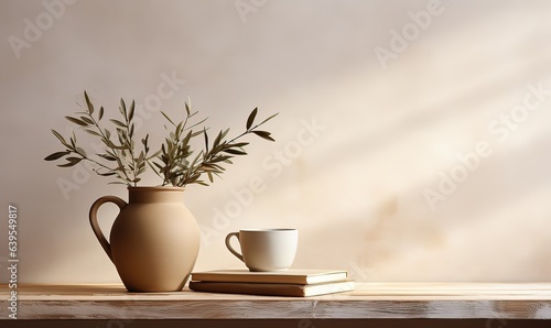 AI vaso con rami d'ulivo e tazza di caffè 02 photo